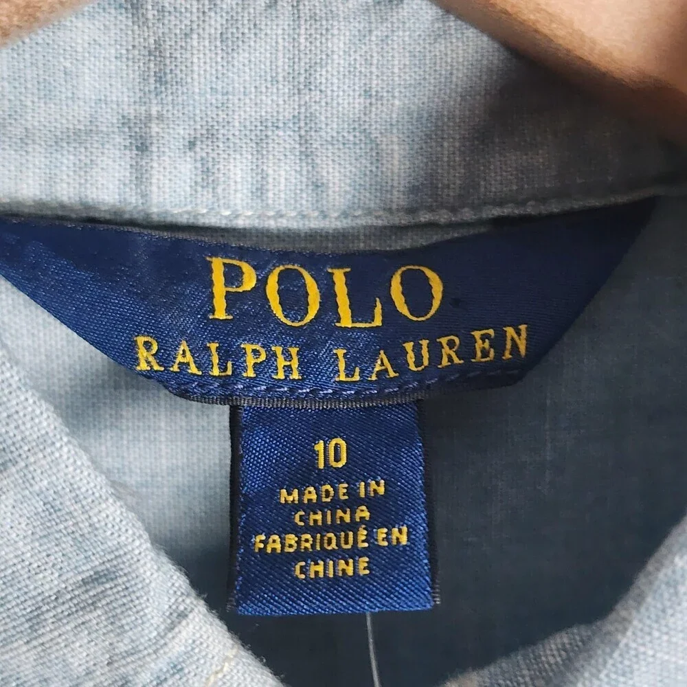Polo Ralph Lauren Dress Girls 10 Blue Chambray Shirt Dress Drop Waist Ruffle Hem